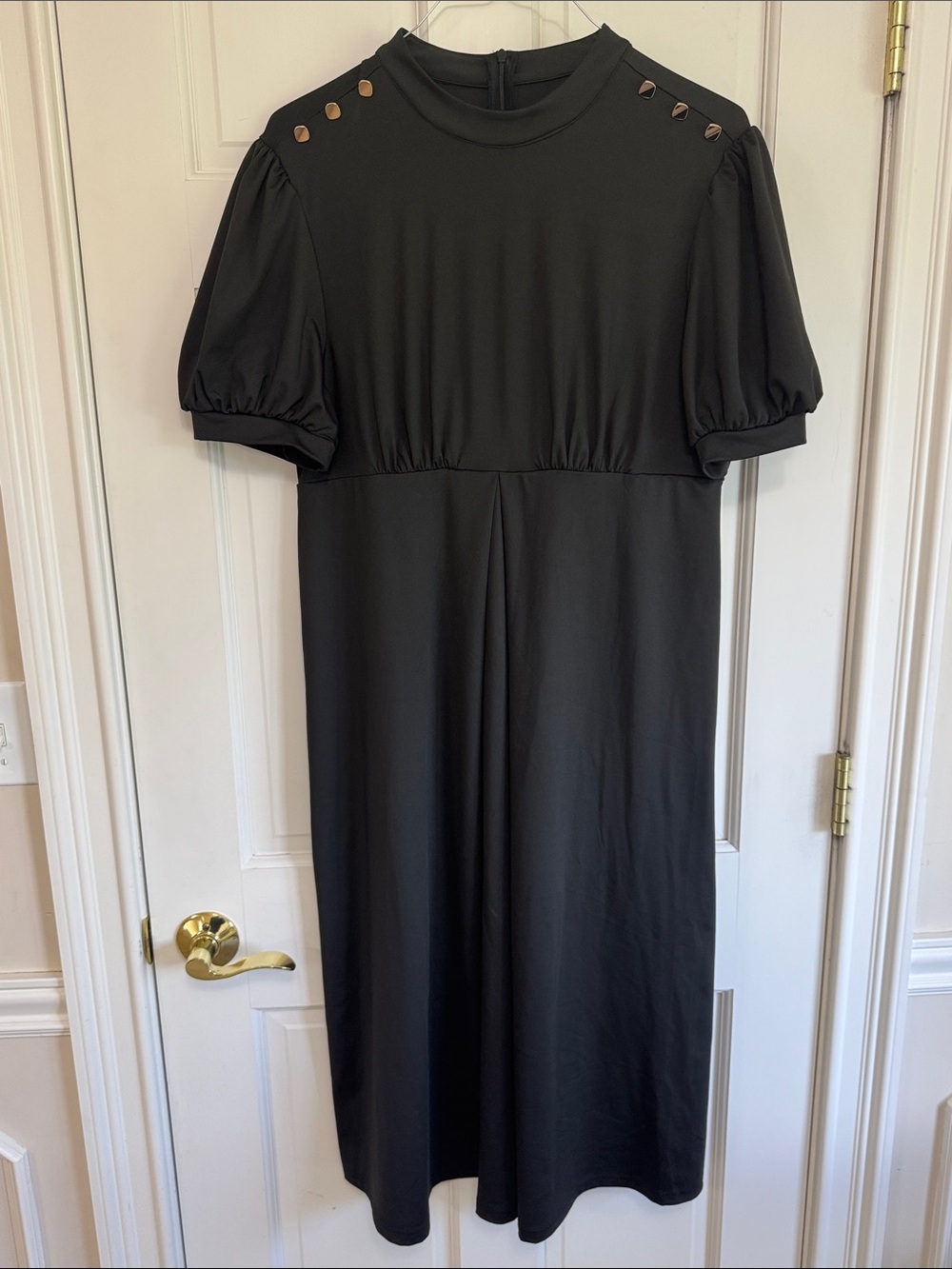 Black Puff-Sleeve Midi Maternity Dress with Stud Detail